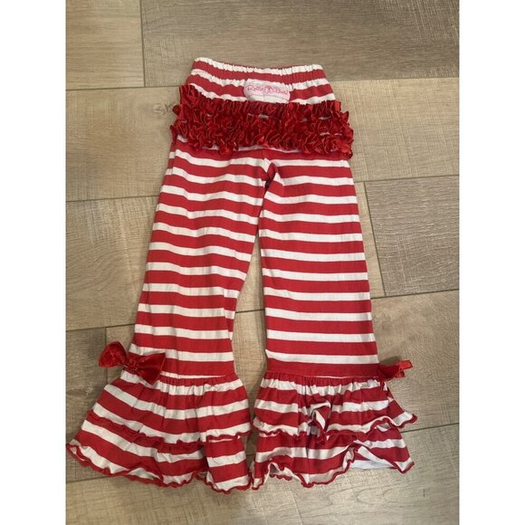 Red & White Striped Girls Ruffle Butt Pants With Frilly Hem & Bow Accents Cotton - Picture 3 of 6